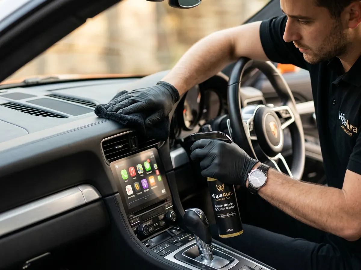 WipeAura all-purpose cleaner applied to Dashboard & Trims